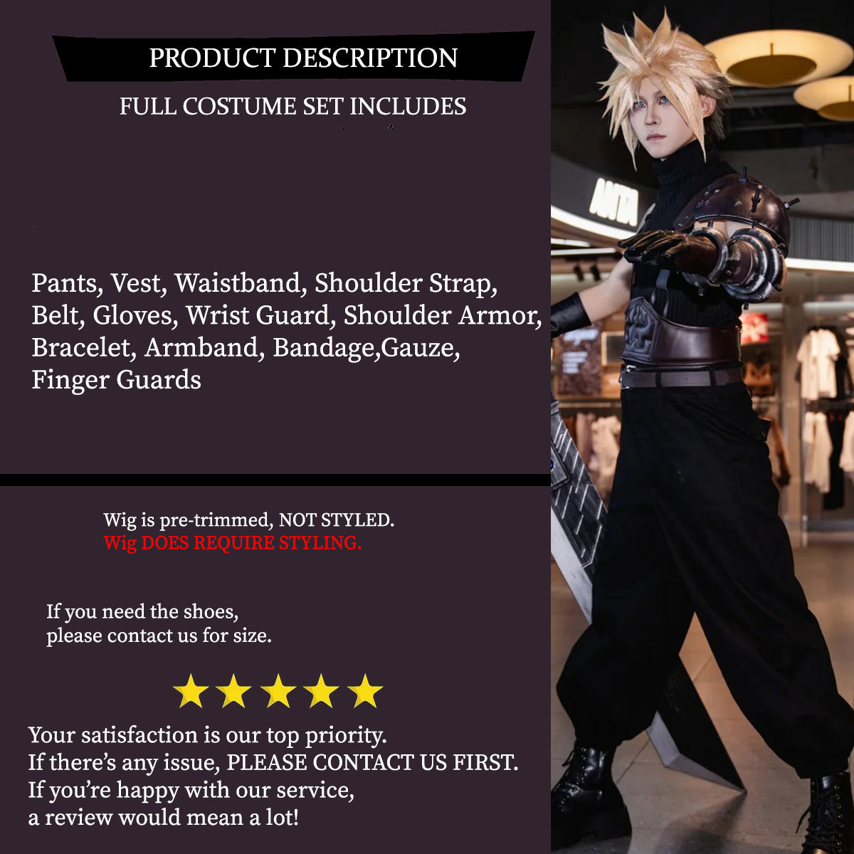 FF7 Cloud Strife Cosplay Costume Outfit, Anime Events, Character Outfit