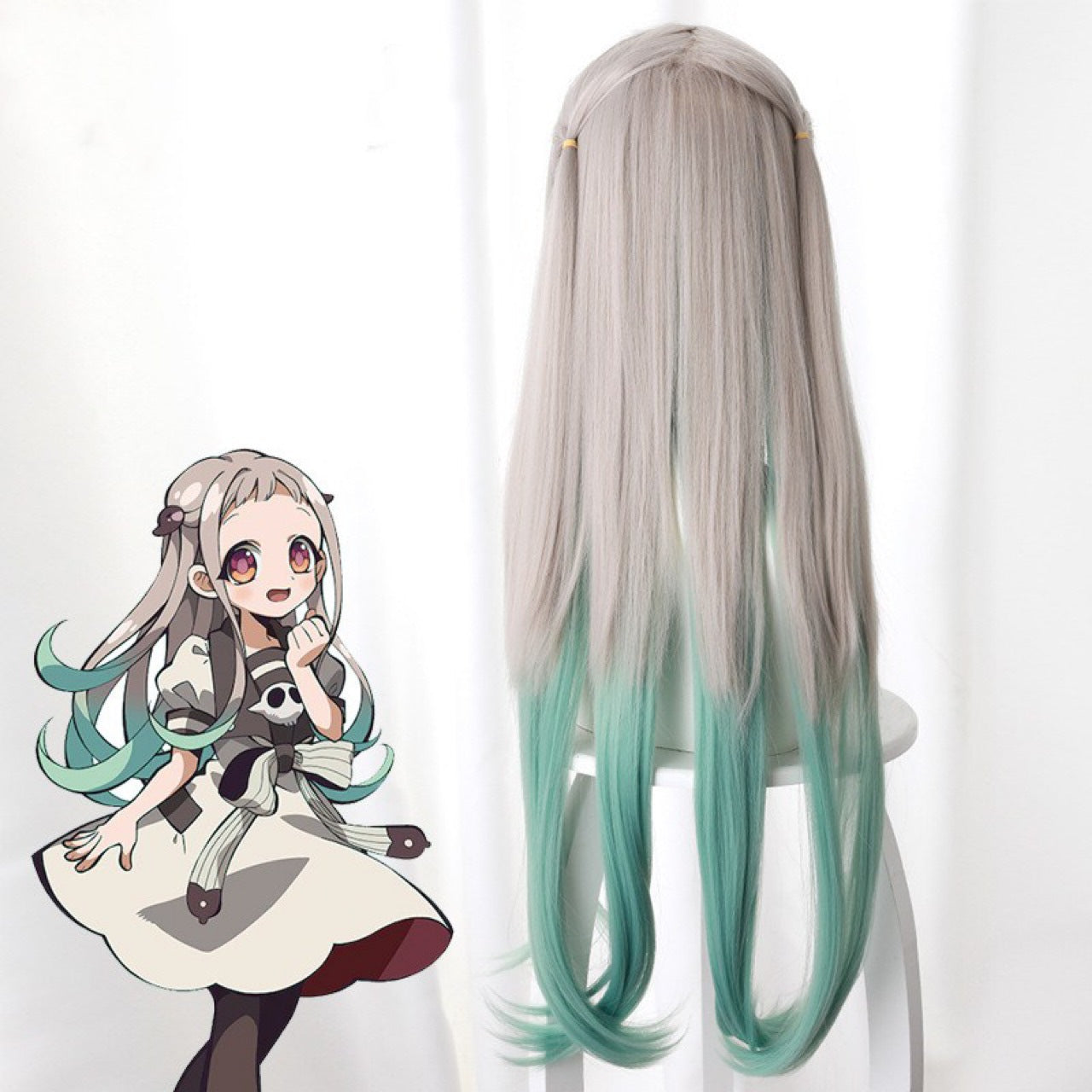 Earthbound boy Hanako-kun Baxun Ningning Silver gray micro curly gradient green long hair cos anime fake found goods