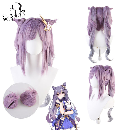 Genshin Impact Thunder Ni Fast Rain Keqing Wig Anime Game Keqing Cos Wig Double Ponytail Gradient Cat Ear Shape