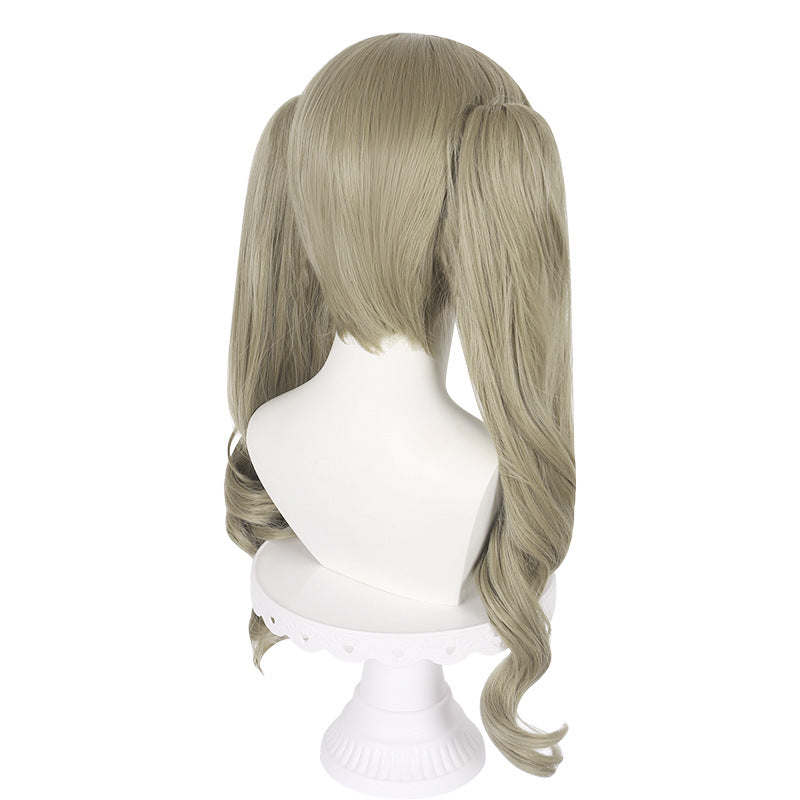 Ling Qi Persona High Curly Apricot Artificial Scalp Tiger Mouth Clip Double Ponytail Cos Wig